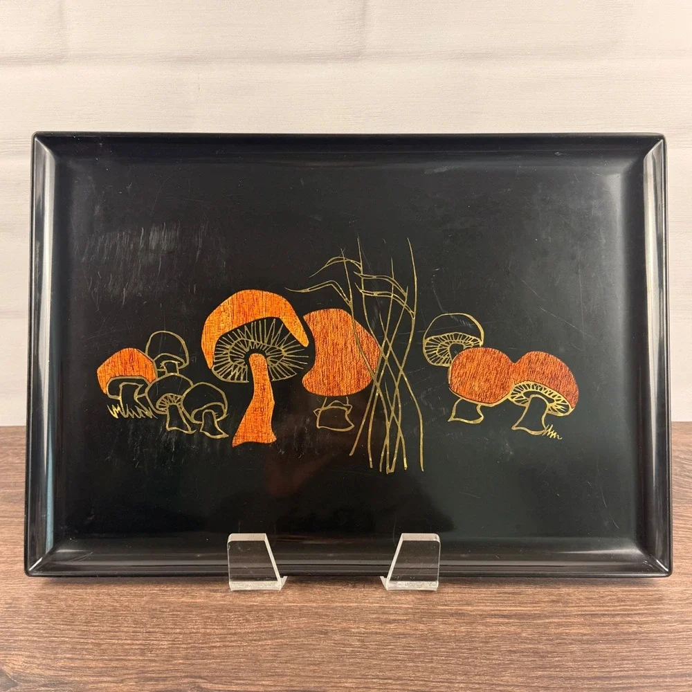 Couroc of Monterey Mushroom Inlaid Serving Tray Black Mid Century MCM